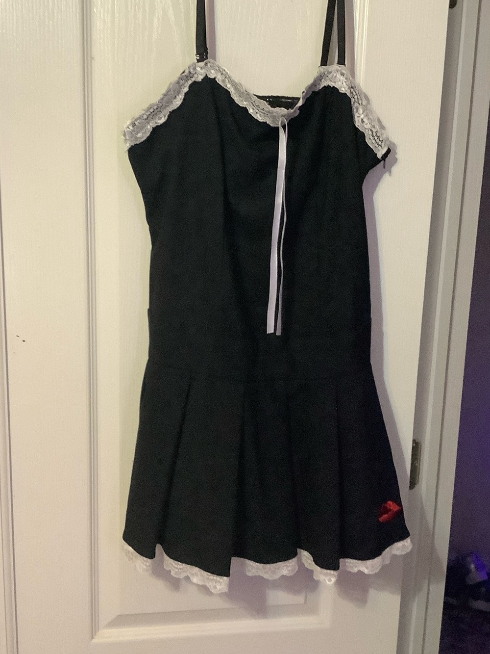 Girls' Black Lace-Trim Slip Dress with Red Bow Accent